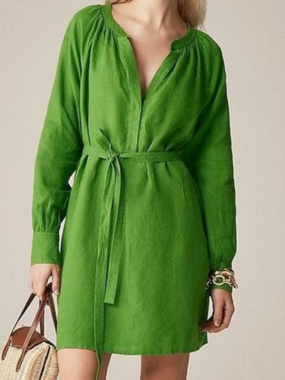 J. Crew Cabana Linen Long Sleeve Green Dress